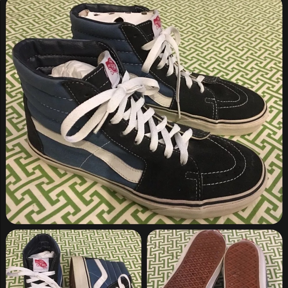 Vans Sk8 Hi Blue Navy White Canvas Suede Leather Mens 8 Womens 9.5 EUC